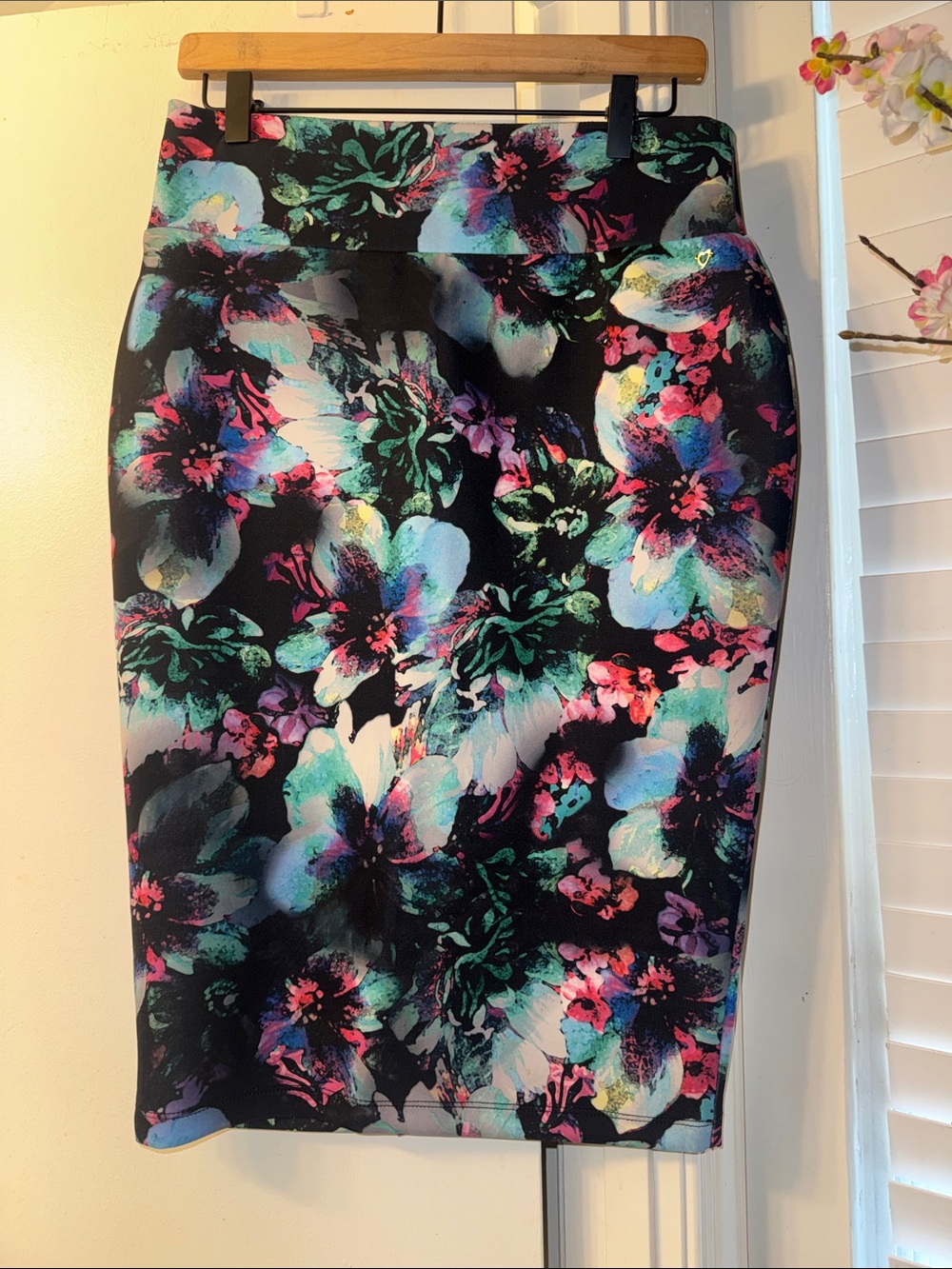 Thalia Sodi Black Floral Pencil Skirt with Teal and Pink Accents
